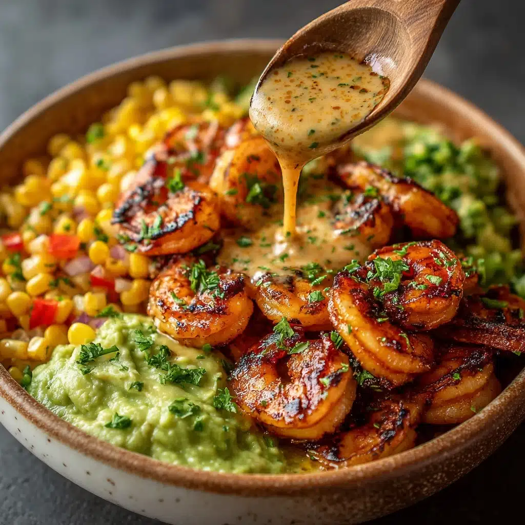 Grilled Shrimp Bowl with Avocado, Corn Salsa & Creamy Sauce Recipe - Recipe Image
