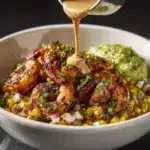 Grilled Shrimp Bowl with Avocado, Corn Salsa & Creamy Sauce Recipe