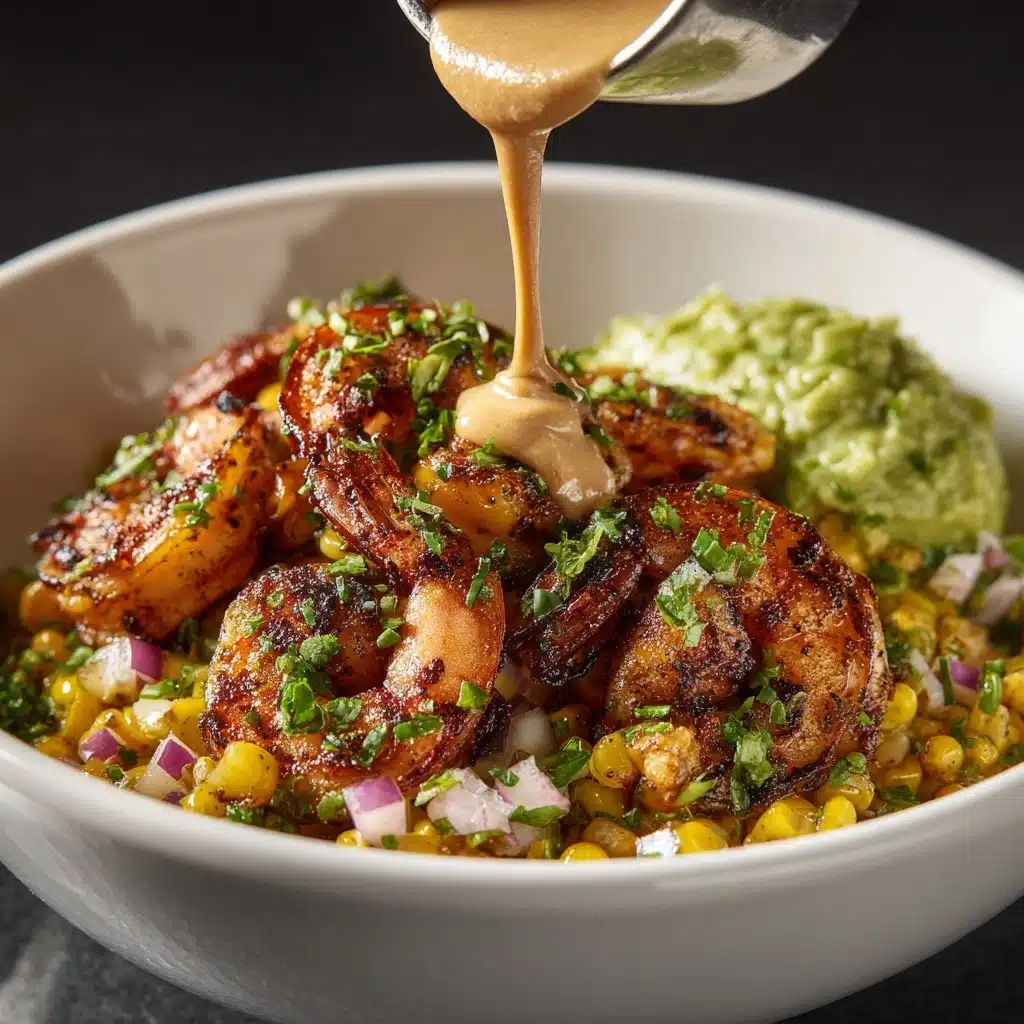 Grilled Shrimp Bowl with Avocado, Corn Salsa & Creamy Sauce Recipe - Recipe Image