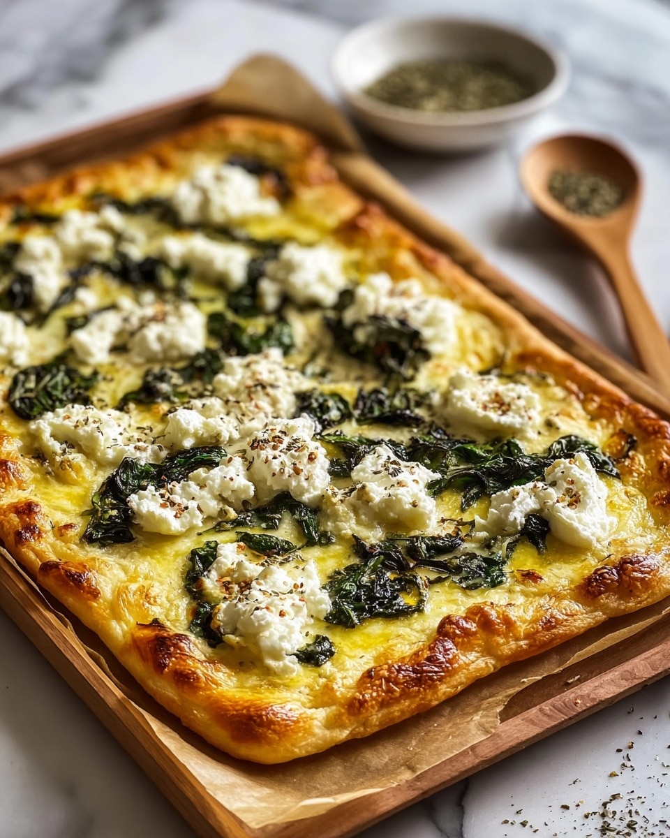 The image shows a rectangular pizza with a golden, slightly puffy crust that has a crispy and browned edge. The first layer is a melted light yellow cheese base that looks smooth and creamy. On top, there are scattered dark green cooked spinach leaves that add texture and color contrast. White dollops of soft ricotta cheese are spread unevenly across the pizza, providing a fluffy and rich look. Light specks of black pepper seasoning are sprinkled on top, enhancing the visual appeal. The pizza is on a baking tray lined with brown parchment paper, placed on a white marbled surface. Nearby are a wooden spoon and a small white bowl containing dried herbs, slightly blurred in the background. Photo taken with an iphone --ar 4:5 --v 7