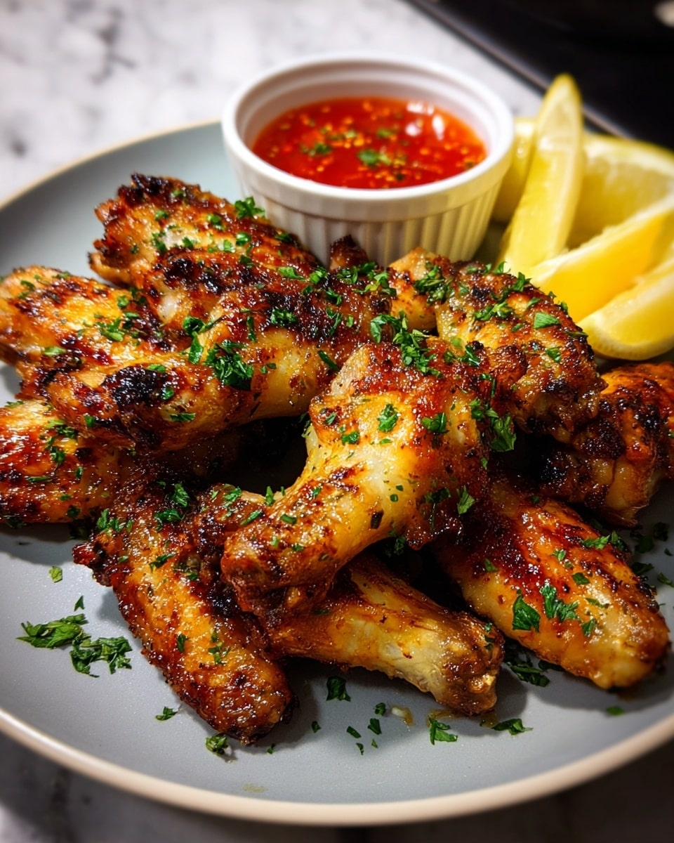 A round white plate holds a pile of golden-brown grilled chicken wings, each wing showing a slightly crispy texture with small charred spots. The wings are sprinkled generously with finely chopped green herbs. On the right side of the plate, there are two lemon wedges with their bright yellow rind and juicy, pale yellow inside facing up. Behind the wings, a small white ramekin contains a bright red dipping sauce with visible bits of herbs floating on top. The plate is set on a white marbled surface. photo taken with an iphone --ar 4:5 --v 7