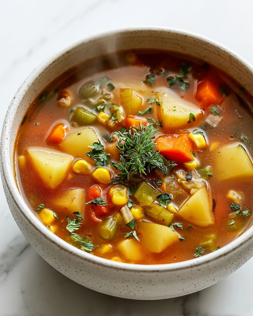 The image shows a bowl of vegetable soup with a clear brownish-red broth. The soup has many chunks of yellow potatoes, orange carrots, yellow corn kernels, and green celery pieces evenly spread throughout. Fresh green herb leaves are sprinkled on top, along with a small sprig of herbs placed in the center. The bowl is filled almost to the top, and light steam rises gently from the hot soup. The bowl is white with a slightly speckled, textured finish and sits on a white marbled surface. Photo taken with an iphone --ar 4:5 --v 7