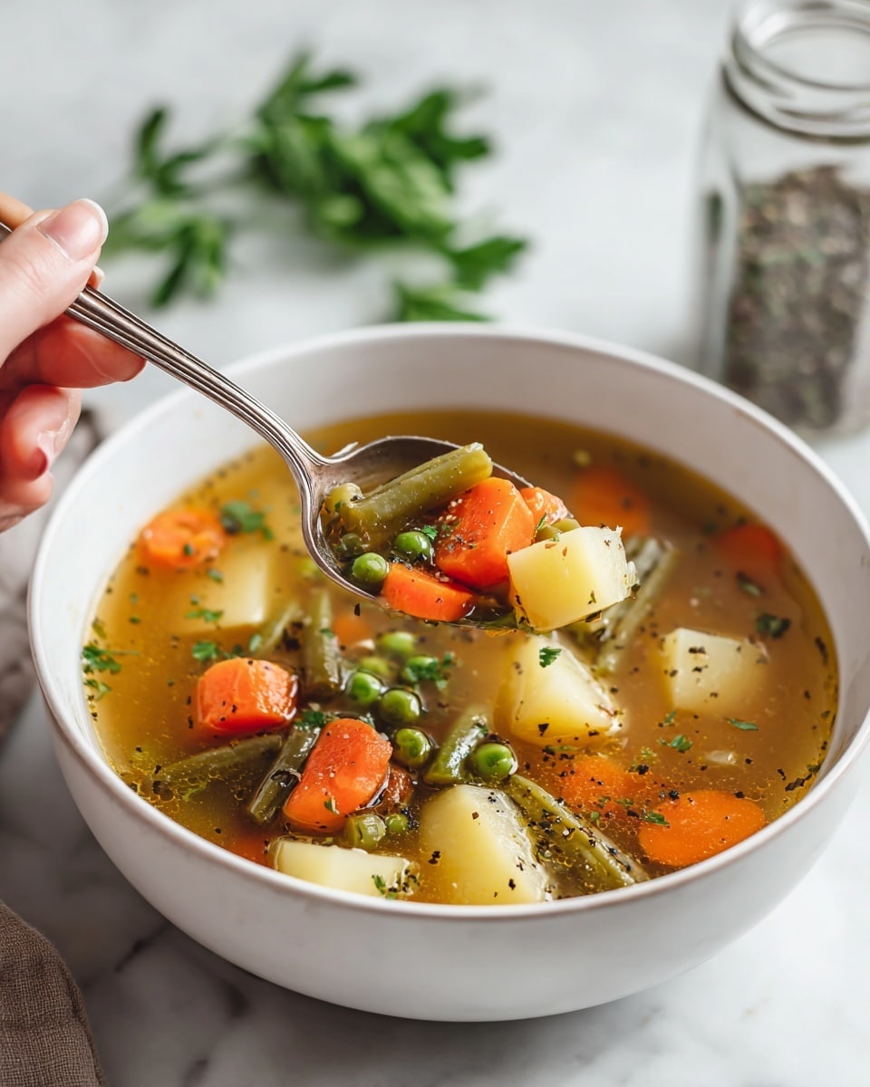 A white bowl filled with clear broth vegetable soup sits on a white marbled surface. The soup has three main layers of ingredients: at the bottom, there are small light yellow potato cubes; in the middle, there are bright orange carrot slices and green peas; on top, green beans and small pieces of green celery float. The broth is golden and speckled with black pepper and chopped green herbs. A silver spoon held by a woman's hand dips into the soup, lifting some carrots, potatoes, and green beans. Nearby on the marbled texture are a pepper jar and a sprig of fresh parsley. photo taken with an iphone --ar 4:5 --v 7