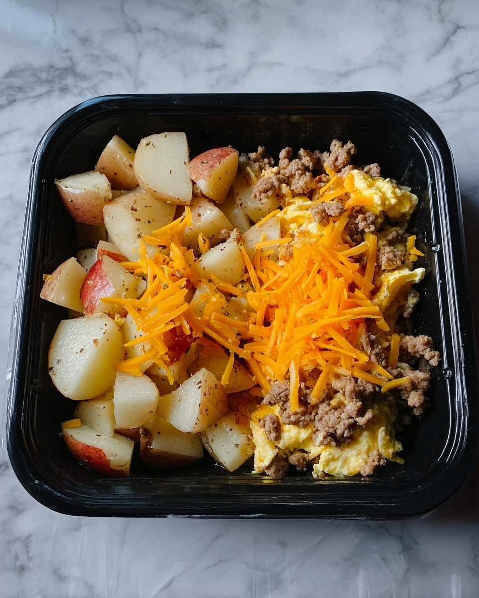 The image shows a black rectangular container holding two different food sections. On the left side, there are cooked potato chunks with pale cream and reddish skin pieces, lightly seasoned and topped with thin orange-yellow shredded cheese. On the right side, there is scrambled egg mixed with browned ground meat, both soft and crumbly in texture, also sprinkled with the same shredded cheese. The container is set on a white marbled surface. photo taken with an iphone --ar 4:5 --v 7