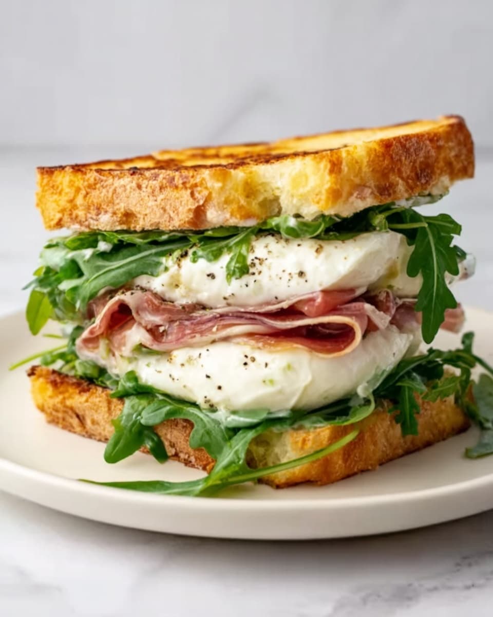 A toasted sandwich is cut in half and stacked, showing three main layers inside. The bottom layer is fresh green arugula leaves, above it sits several thick white slices of soft cheese, then a layer of thin, pinkish prosciutto ham with delicate folds, topped again by a small bunch of arugula leaves. The sandwich is closed with a golden-brown toasted bread that has a crunchy texture with visible grain. It is served on a white plate placed on a white marbled surface. A woman's hand gently holds the sandwich from the side. Photo taken with an iphone --ar 4:5 --v 7