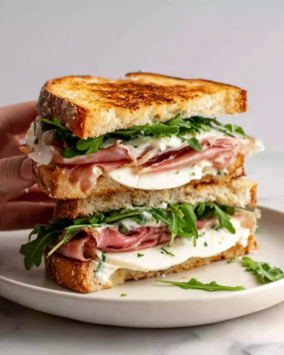 The image shows a sandwich with three main layers inside, served on a round white plate against a white marbled surface. The bottom layer is green fresh arugula leaves. Above it is a thick layer of white mozzarella cheese, soft and smooth in texture. Next is a layer of thin, brownish-pink prosciutto slices folded lightly. More green arugula leaves follow, and the sandwich is topped with two toasted golden-brown bread slices, slightly crispy and textured. The top slice has a dollop of creamy white cheese or sauce, garnished with a light sprinkle of black pepper. photo taken with an iphone --ar 4:5 --v 7
