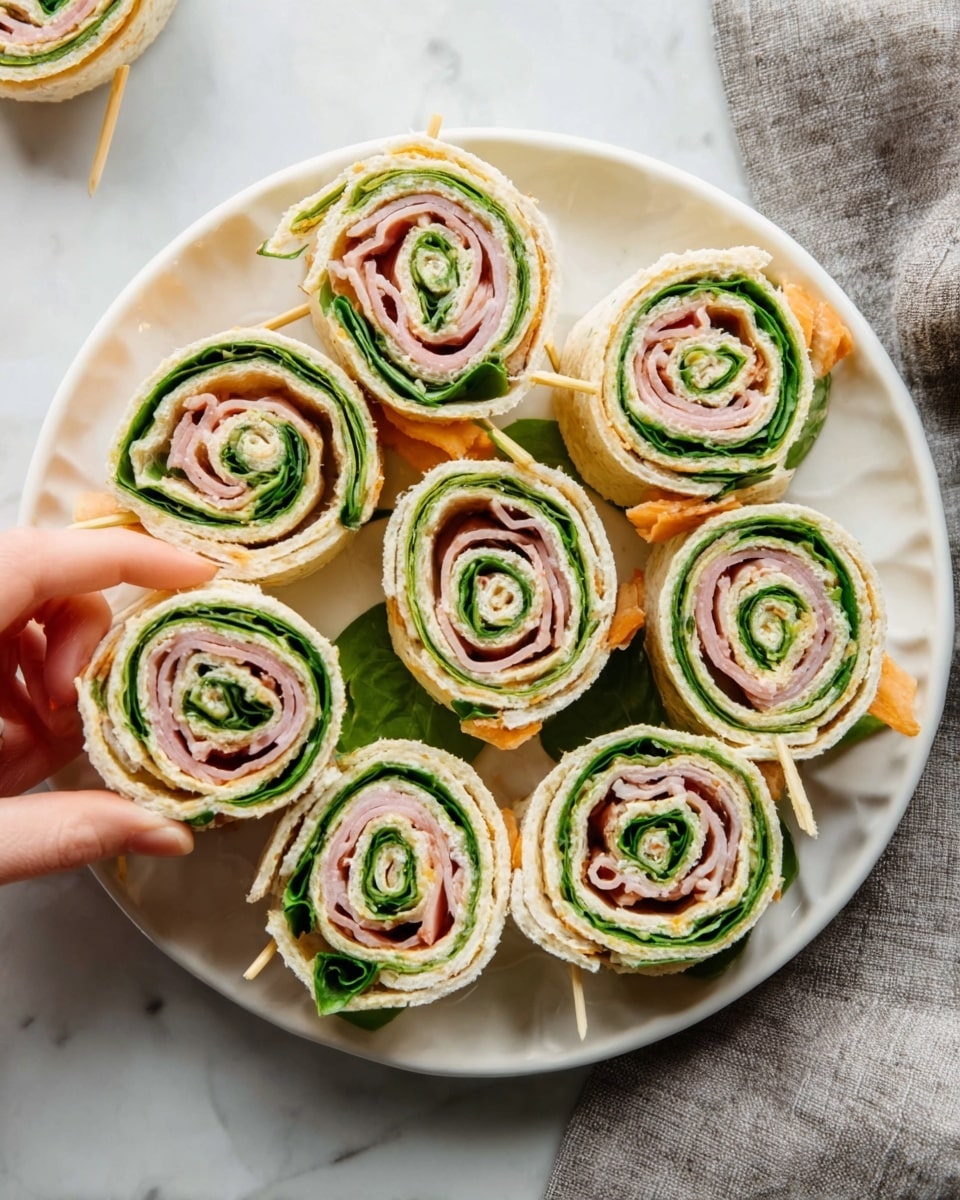 A white plate holds several pinwheel sandwiches neatly arranged in a circle. Each pinwheel has at least three visible layers: an outer light beige tortilla wrap, a middle layer of pink sliced deli meat, and an inner bright green layer of fresh spinach leaves. The pinwheels are tightly rolled, showing spirals of these colors with smooth, soft textures. A woman's hand is reaching from the top left corner, about to pick one of the pinwheels. The plate sits on a white marbled surface with a gray cloth partially visible on the right side. Photo taken with an iphone --ar 4:5 --v 7