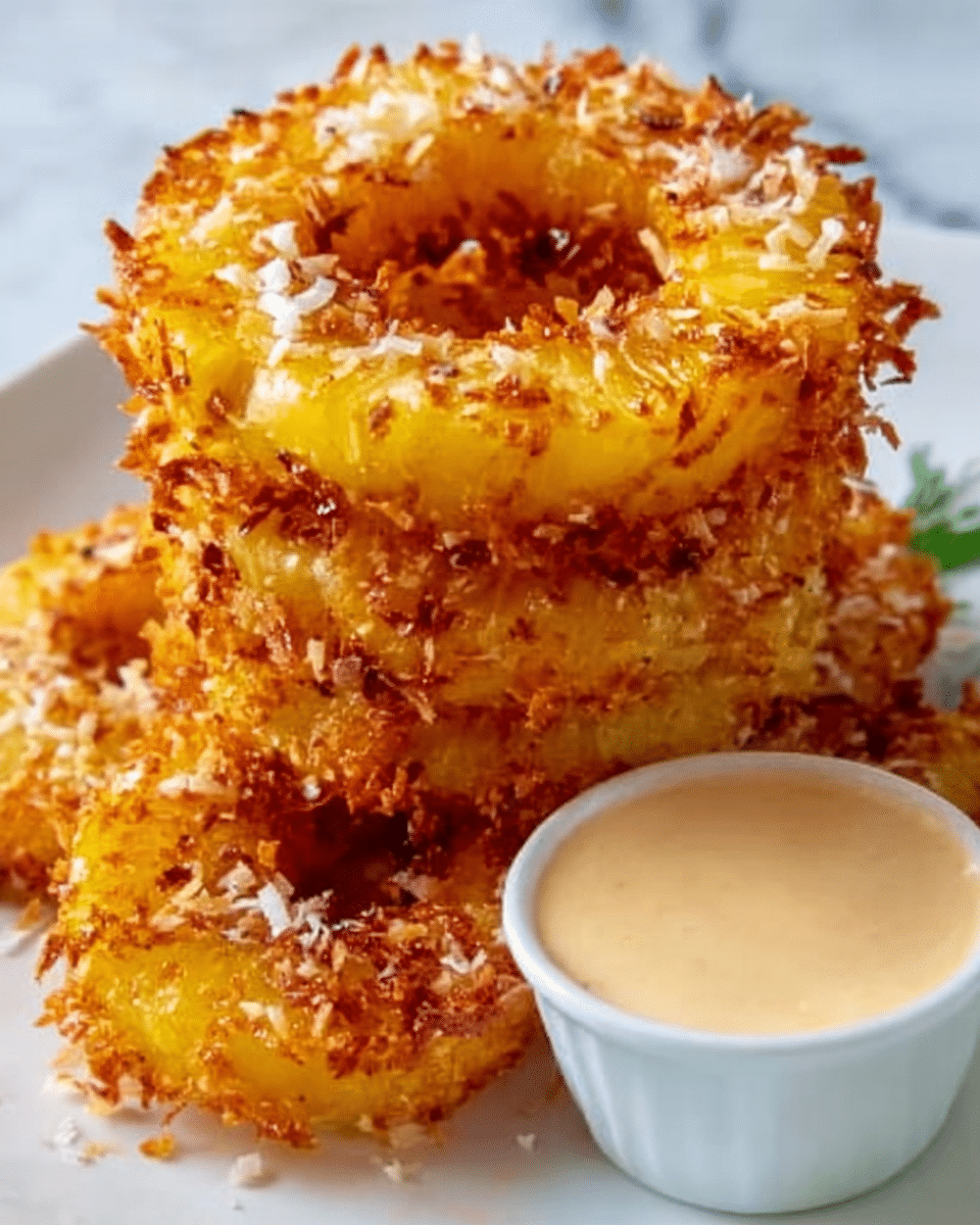 The image shows a close-up of golden brown, toasted coconut-covered pineapple rings stacked casually on a white plate. The pineapple rings have a bright yellow color with a crispy, light brown toasted coconut crust on the outside, giving a crunchy texture. Beside the rings is a small white bowl filled with creamy, light beige dipping sauce. The background surface is a white marbled texture. Photo taken with an iphone --ar 4:5 --v 7