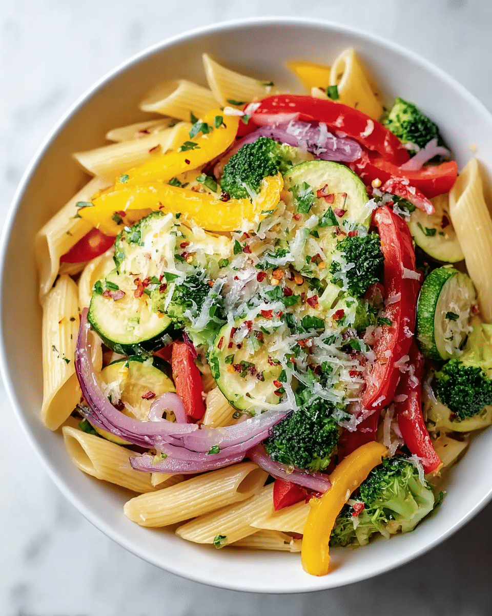 The image shows a bowl of pasta salad with three main layers. At the bottom, there is a layer of white penne pasta, slightly curved and smooth. Above the pasta, there are bright layers of vegetables: green broccoli florets, thin strips of red and yellow bell peppers, and slices of purple onion. The top layer is scattered with small green herbs. The bowl is white and sits on a white marbled surface. photo taken with an iphone --ar 4:5 --v 7