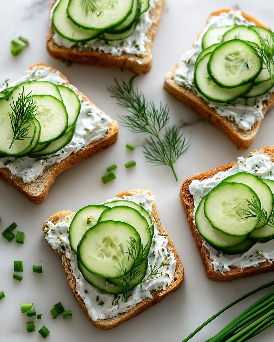 The image shows several small square slices of light brown bread, each topped with a thick layer of white creamy spread mixed with green herbs, placed on a white marbled surface. On top of the spread, each slice has two to three thin, fresh, round cucumber slices with dark green edges and pale green centers, arranged in a slight stack. A small sprig of bright green dill is placed on each stack of cucumber slices. Around the bread slices, there are scattered small pieces of green chopped chives and a few whole stalks of chives and dill. The overall look is fresh and clean, with a light and natural color palette. photo taken with an iphone --ar 4:5 --v 7