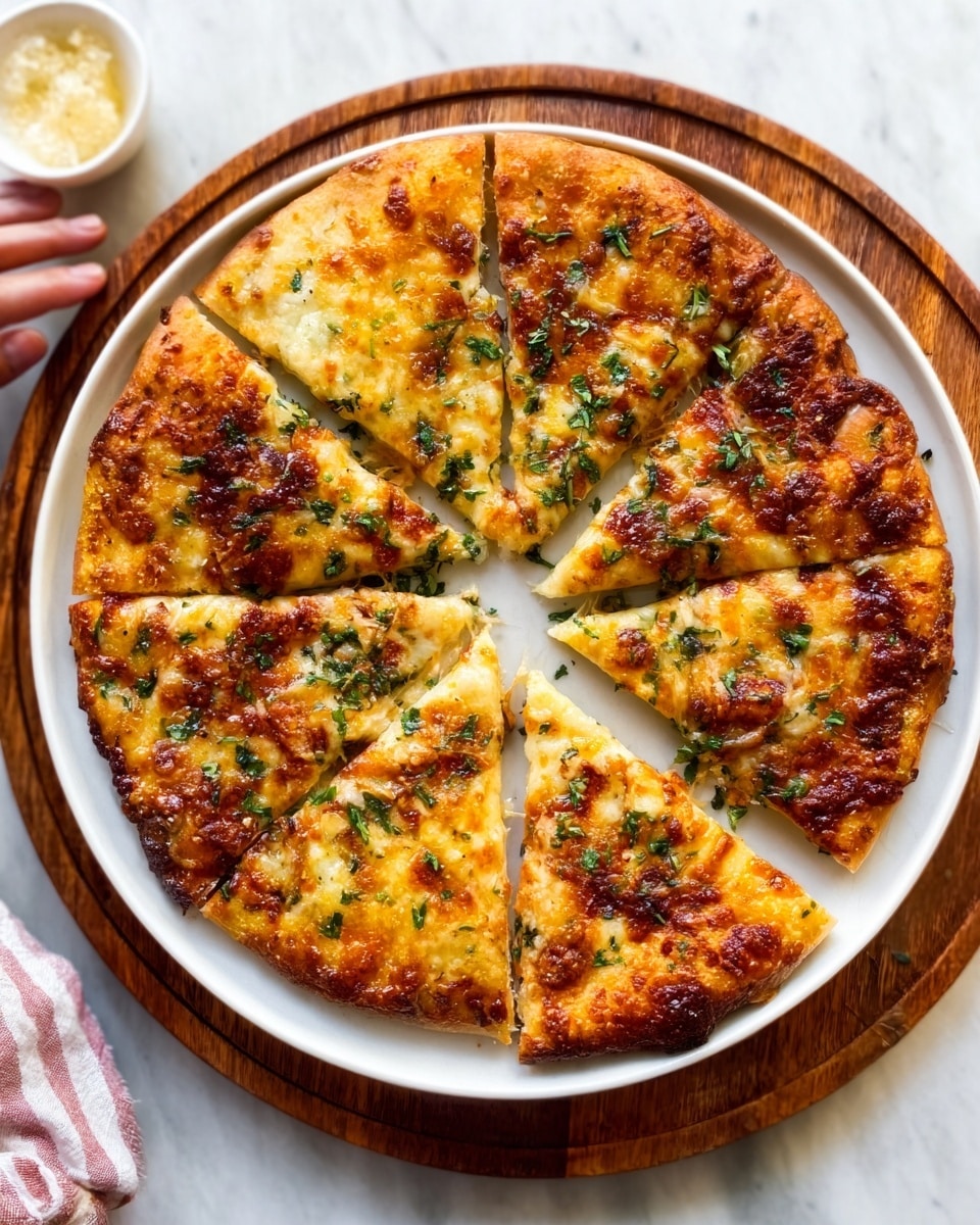A round pizza cut into eight slices is arranged on a simple white plate. The pizza has a golden-brown crust with a slightly crispy texture. On top, the first layer shows melted cheese that is creamy and bubbly, covering the whole surface. A rich red tomato sauce peeks through in spots underneath the cheese. The top layer has scattered green herb leaves that look fresh and slightly wilted from baking. The plate is placed on a wooden circular board with a white marbled surface around it. Photo taken with an iphone --ar 4:5 --v 7
