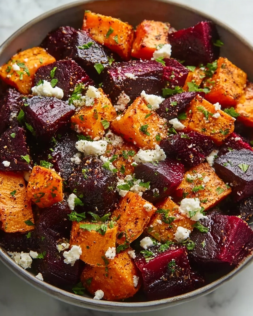 The image shows a close-up of roasted vegetables in a white bowl, with two main layers: the first layer consists of deep purple chunks of beetroot with a slightly crispy surface, and the second layer shows bright orange cubes of roasted sweet potato, both evenly mixed. The vegetables have a light coating of spices giving them a slightly textured look. Small bits of white crumbly cheese are sprinkled on top across the colors, with green chopped herbs scattered over everything. The bowl sits on a white marbled surface, giving a clean and fresh background. photo taken with an iphone --ar 4:5 --v 7