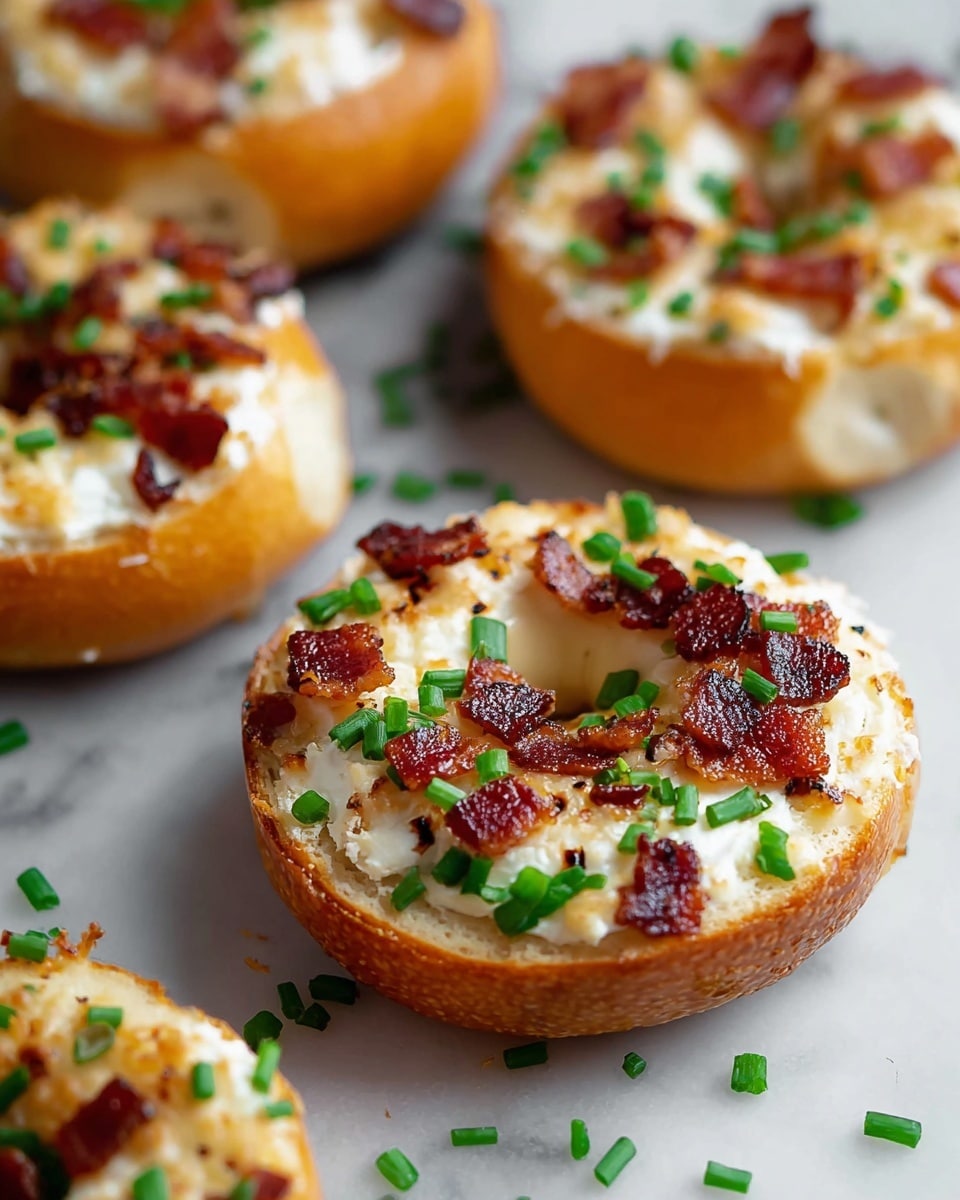 Several toasted bagels are shown on a white marbled surface. Each bagel is cut in half with a visible golden-brown crust and soft inside texture. On top of each bagel, there is a creamy white cheese layer spread evenly, melted and slightly browned on the edges. Scattered over the cheese are small pieces of crispy, dark reddish-brown bacon. Bright green chopped chives are sprinkled on top and around the bagels, adding a fresh color contrast. The focus is sharp on the nearest bagel, showing detailed textures of the cheese, bacon, and chives, while the others blur softly into the background. photo taken with an iphone --ar 4:5 --v 7