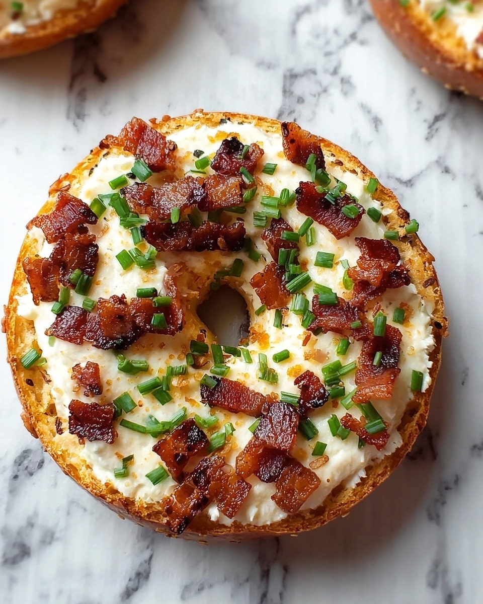 A round bagel with a golden-brown crust is topped with a thick, creamy spread of white cheese. On top of the cheese are scattered small pieces of crispy, dark brown bacon and bright green chopped chives, adding color contrast. The bagel sits on a white marbled surface with a close-up view showing its textured edges. Photo taken with an iphone --ar 4:5 --v 7