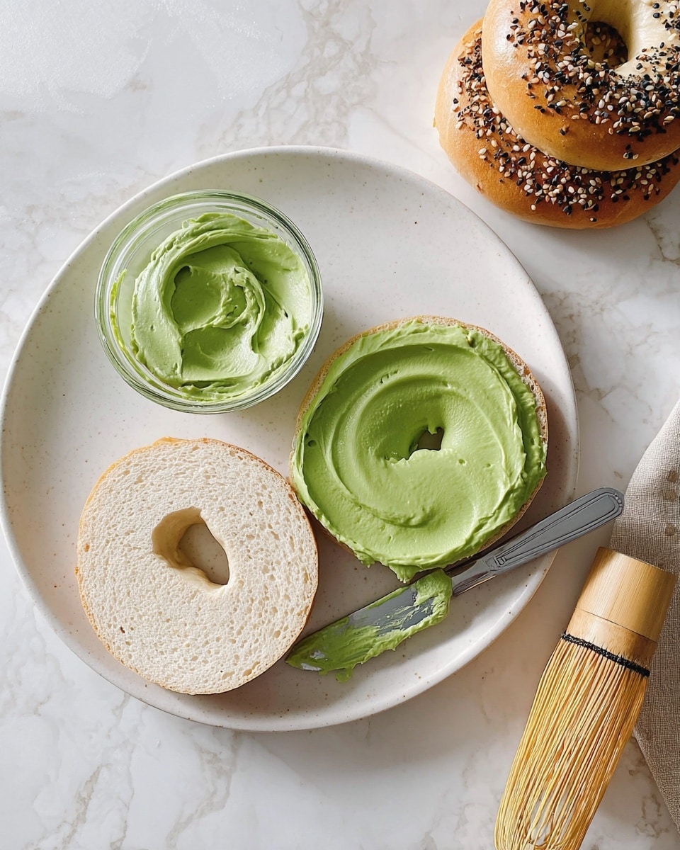 Two bagel halves are placed on a white plate with light speckled details on a white marbled surface. One bagel half is plain and has a light beige color with a soft texture. The other half is spread thickly with a smooth, bright green cream, covering the entire top surface evenly. Next to the plate is a small glass bowl filled with the same green spread, showing soft swirls and a creamy texture. A knife with some green spread on its blade rests on the plate edge. A stack of two whole bagels with sesame and poppy seeds is placed nearby on the same surface, showing a golden-brown crust. A bamboo whisk is also visible on the right side. photo taken with an iphone --ar 4:5 --v 7