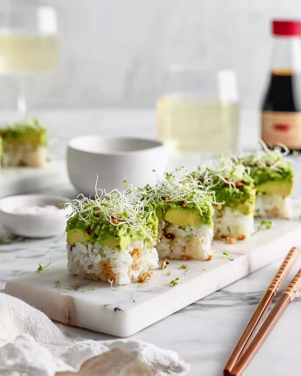 The image shows five sushi pieces arranged in a line on a white marble board. Each sushi piece has a bottom layer of white rice with a slight sprinkle of seasoning, topped with a thick green layer of avocado mixed with small crunchy bits and sprouts. The green layer on top is textured and fresh-looking with delicate white sprout strands sticking out. The sushi is placed near a white bowl of light sauce, a glass of a pale yellow drink, and a soy sauce bottle with a red cap in the background. A pair of brown chopsticks rests on the sushi board, and a white cloth is casually placed in the foreground on the white marbled surface. Photo taken with an iphone --ar 4:5 --v 7