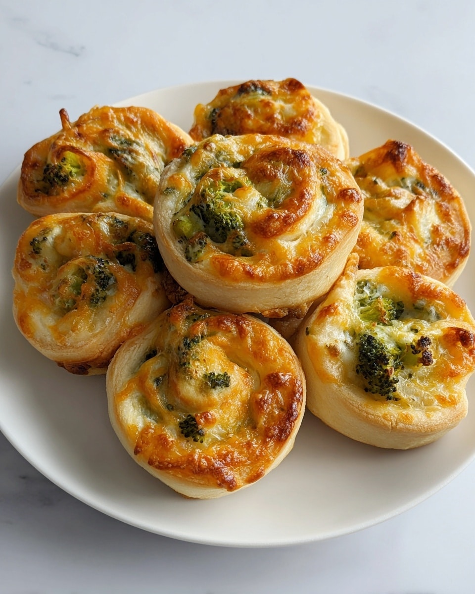 A white plate holds seven golden-brown cheese and broccoli pinwheel pastries, each showing 3 to 4 visible spiral layers of dough filled with melted orange-yellow cheese and small green broccoli pieces. The dough looks soft yet slightly crispy on the edges, with the cheese melted and lightly browned on top. The green broccoli bits are scattered evenly inside the spirals, adding texture and color contrast. The plate sits on a white marbled surface. photo taken with an iphone --ar 4:5 --v 7