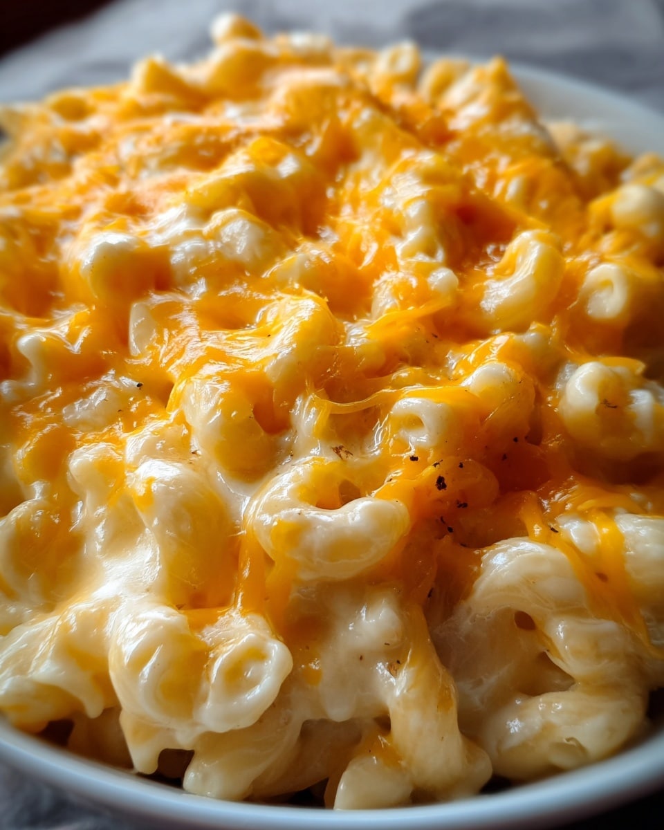 A close-up view of a white bowl filled with cheesy macaroni. The macaroni is creamy white with a smooth texture, layered with melted cheddar cheese that is bright orange and gooey, stretching slightly over the pasta. The cheese covers most of the top, creating a rich, shiny layer with small bubbles and clumps of melted cheese visible. The background shows a soft, blurred effect with warm light hitting the dish, enhancing the glossy look of the cheese and pasta. photo taken with an iphone --ar 4:5 --v 7