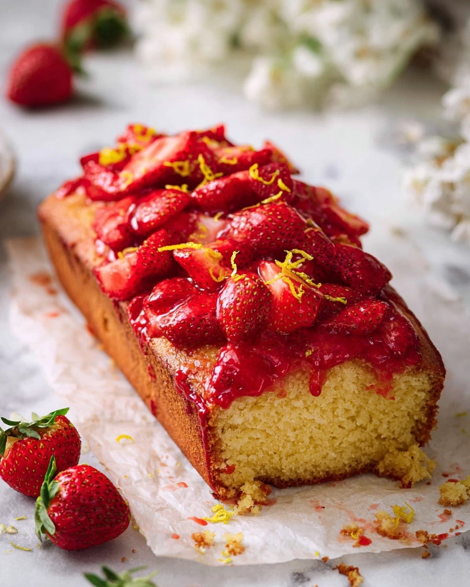 A rectangular cake with a moist and crumbly light golden base is topped thickly with bright red strawberries, some whole and some sliced, all glazed with a shiny red syrup. On top of the strawberries, small flecks of yellow lemon zest are sprinkled, adding a pop of color. The cake is resting on white parchment paper placed on a white marbled surface. Several whole strawberries and some delicate white flower sprigs are scattered around the cake. The front edge of the cake shows one thick slice cut and slightly pulled forward, revealing the soft, crumbly texture inside. photo taken with an iphone --ar 4:5 --v 7