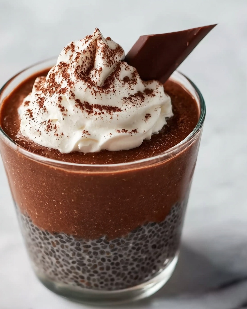 A clear glass cup filled with a thick, dark brown chocolate chia pudding that shows the texture of small chia seeds suspended throughout. The pudding is topped with a swirl of white whipped cream dusted with fine cocoa powder, positioned to one side, and a thin, dark chocolate shard is stuck upright into the pudding near the cream. The smooth surface of the pudding is glossy in some spots, with a dollop slightly raised in the center, all set against a background of white marble texture. photo taken with an iphone --ar 4:5 --v 7