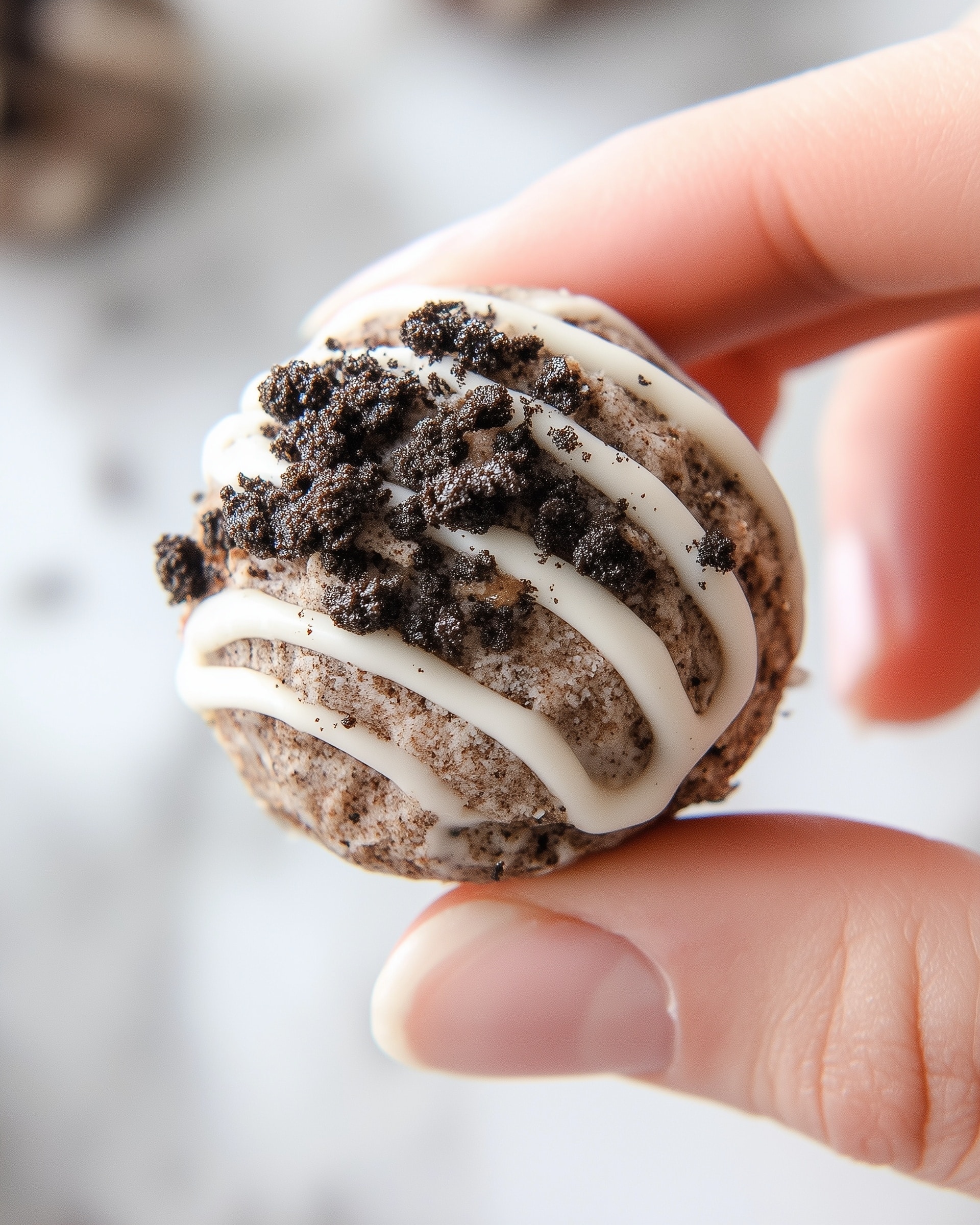 Four small cookies and cream balls sit on a white plate placed on a white marbled surface. Each ball is textured with a crumbly light beige and dark brown mix, showing crushed cookie pieces. Two of the balls are drizzled with smooth white icing, topped with small, darker cookie crumbs. One ball is cut in half, revealing its dense, soft inside with visible cookie bits spread unevenly. The arrangement is close-up, focusing on the round shapes and details of the cookie pieces and icing. Photo taken with an iphone --ar 4:5 --v 7