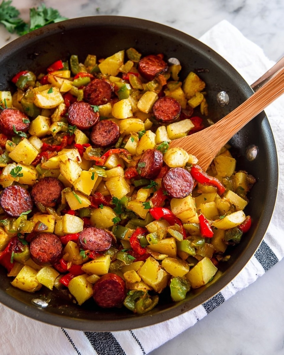 A large dark pan filled with a mix of cooked diced yellow potatoes, chopped green and red peppers, and sliced round sausage pieces. The potatoes are golden brown with a slightly crispy texture, scattered evenly throughout the pan. The sausages are deep red with a matte texture, arranged on top and mixed in. Small bits of green herbs are sprinkled over everything, adding a fresh touch. A wooden spoon is resting inside the pan, slightly lifting some of the food. The pan is set on a white marbled surface with a white cloth featuring black stripes underneath the handle. Photo taken with an iphone --ar 4:5 --v 7