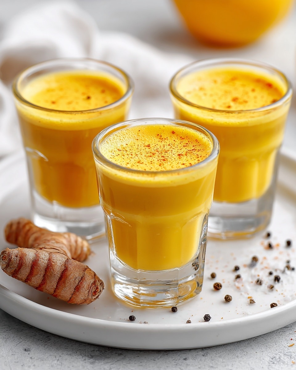 Three clear glass shot glasses are lined up on a white plate, each filled to the brim with a smooth, bright yellow creamy liquid that has a slightly frothy texture on top. In front of the middle glass, there is a small piece of brown turmeric root with visible texture and lines on its surface, and around the glasses on the plate are scattered tiny specks of black pepper and salt. The background is a soft white with a faint yellow object blurred out far behind. The overall look is fresh and clean, with the rich yellow color standing out against the white plate and background. photo taken with an iphone --ar 4:5 --v 7
