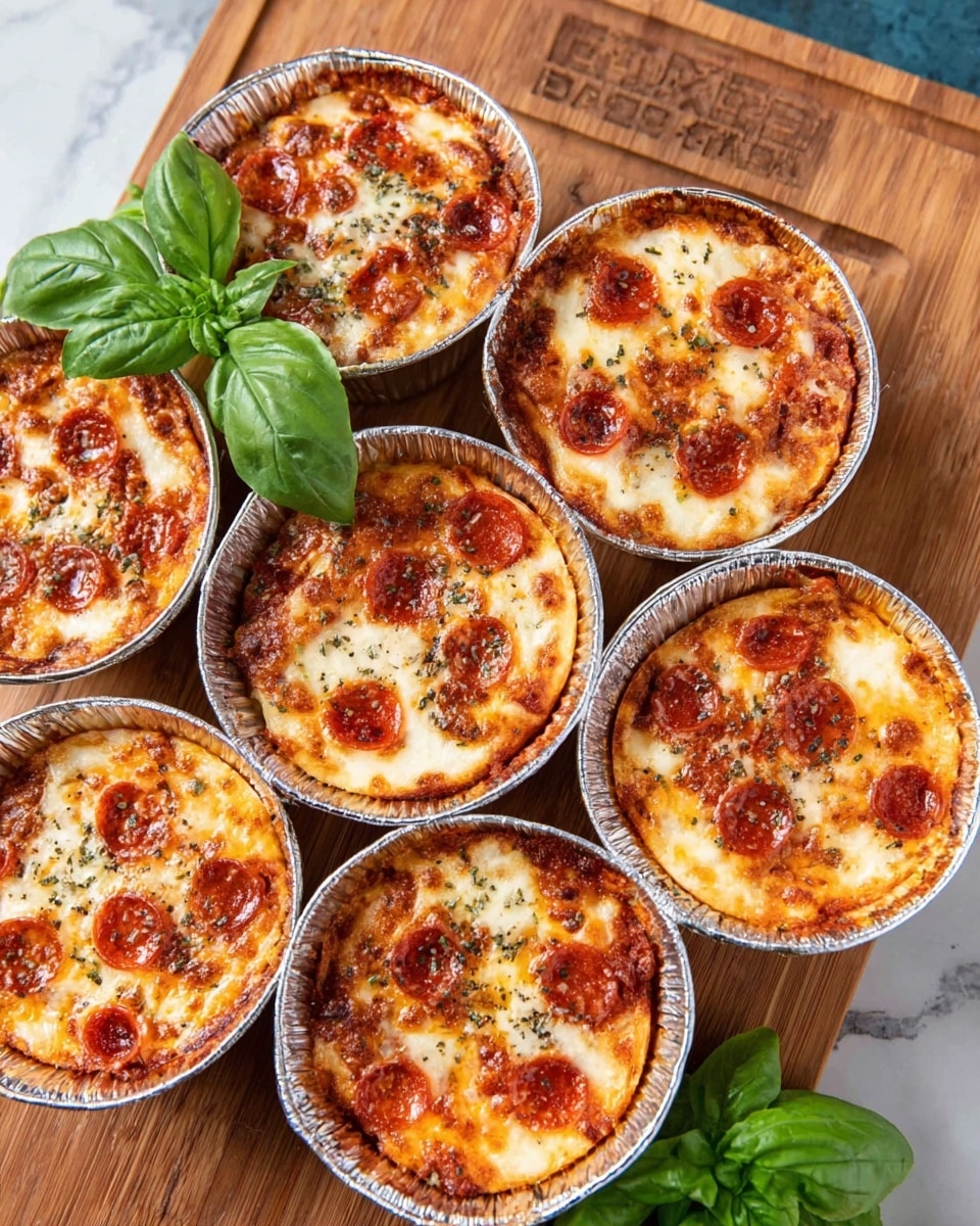 Seven small round aluminum foil containers filled with mini pizzas, each having a crispy golden brown crust base, topped with melted white cheese and scattered small, bright red pepperoni pieces. The surface of the pizzas has specks of dried herbs, and the containers are placed on a wooden board with a fresh green basil sprig on the side. The background shows a white marbled texture beneath the wooden board. photo taken with an iphone --ar 4:5 --v 7