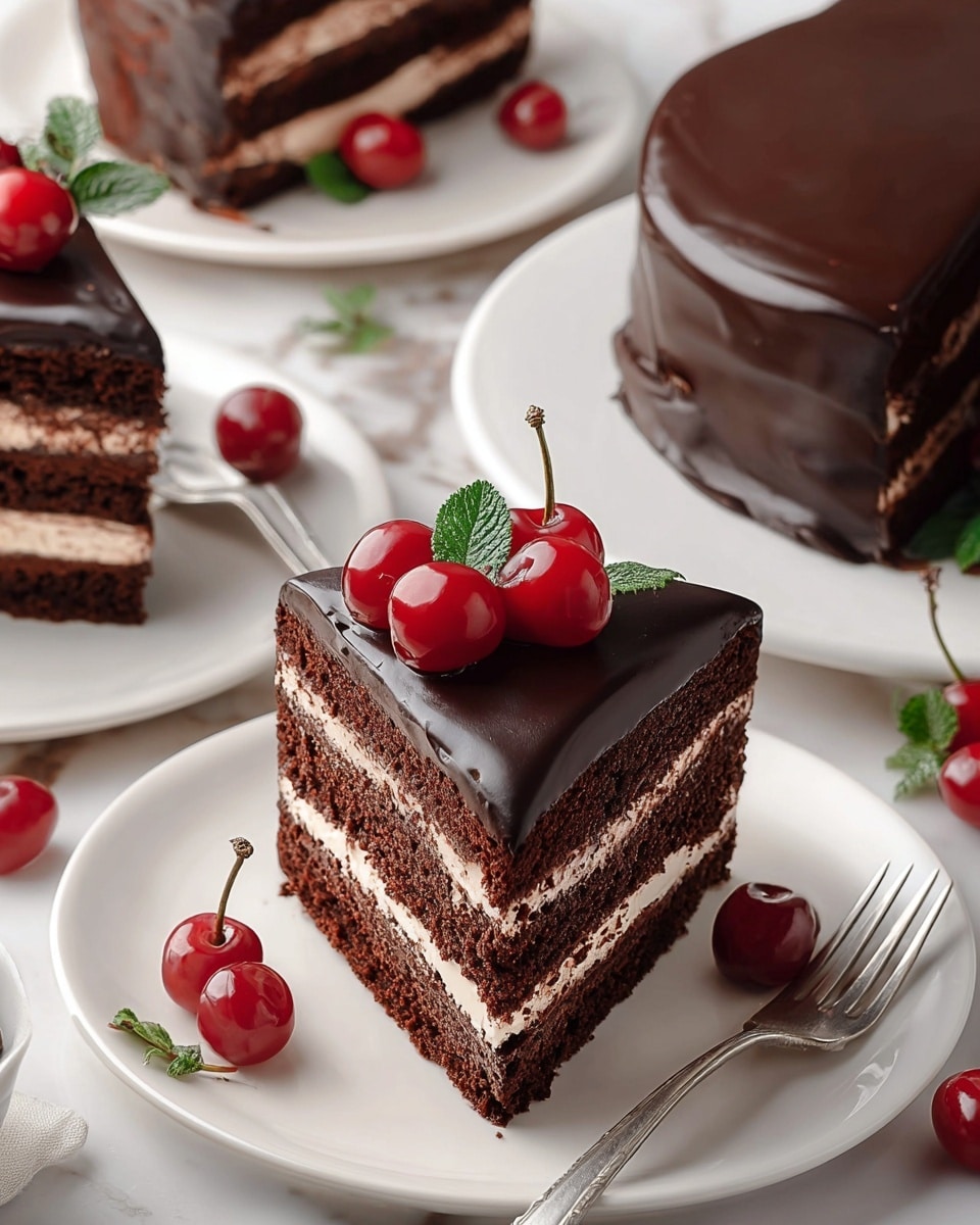 The image shows a rich chocolate cake with three dark brown cake layers separated by two creamy white filling layers. The outside is covered in smooth, glossy dark chocolate frosting with light swirling texture. On top of the whole cake are several dollops of shiny dark chocolate and a few red berries scattered among them. A single slice is placed on a white plate in the foreground, topped with small round chocolate pieces and a dark chocolate dome, showing the even layers inside. A fork is next to the slice, and the setting is on a white marbled surface with soft natural light. photo taken with an iphone --ar 4:5 --v 7
