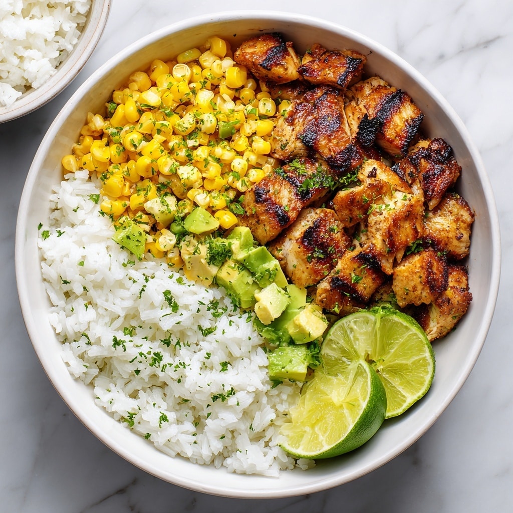 The image shows a white bowl with three layers neatly arranged. The bottom half of the bowl is filled with fluffy white rice sprinkled lightly with green herbs. On the top half, there are grilled golden-brown chicken pieces with visible char marks on the left side, next to a layer of roasted yellow corn mixed with small green slices of avocado. On the right side of the corn, there are two lime wedges placed close to the rice. The bowl is set on a white marbled surface, and there is a partial view of another white bowl with rice in the background. Photo taken with an iphone --ar 4:5 --v 7