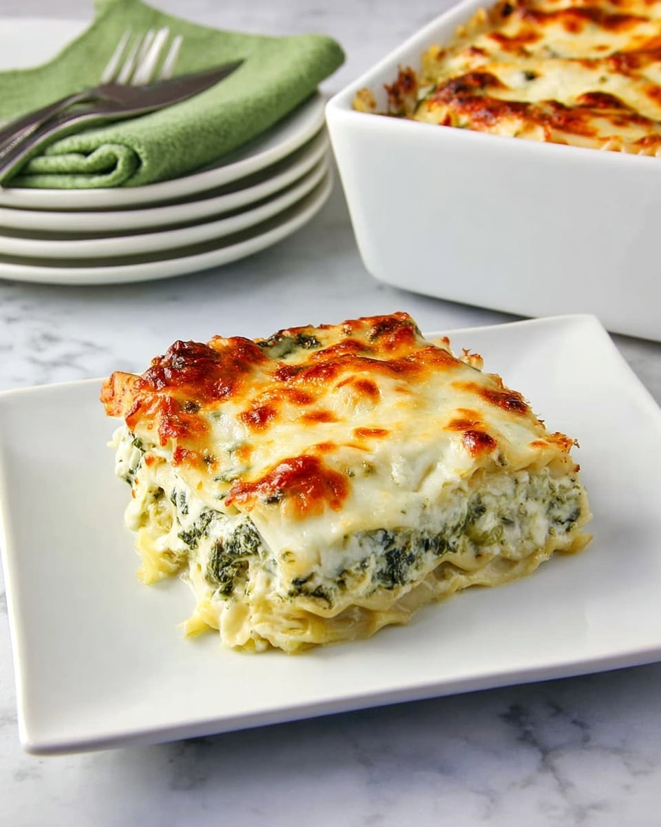 A square white plate holds a single slice of spinach and cheese lasagna with three visible layers: the bottom layer is pale yellow pasta, the middle layer shows green spinach mixed with creamy white cheese, and the top is a thick, bubbly, golden-brown melted cheese crust with some browned spots. The slice looks moist and soft, and the square white baking dish in the background shows more lasagna with a similar bubbly cheese top. To the side, there is a stack of white plates topped with folded green napkins and a fork resting on them, all set on a white marbled surface. photo taken with an iphone --ar 4:5 --v 7