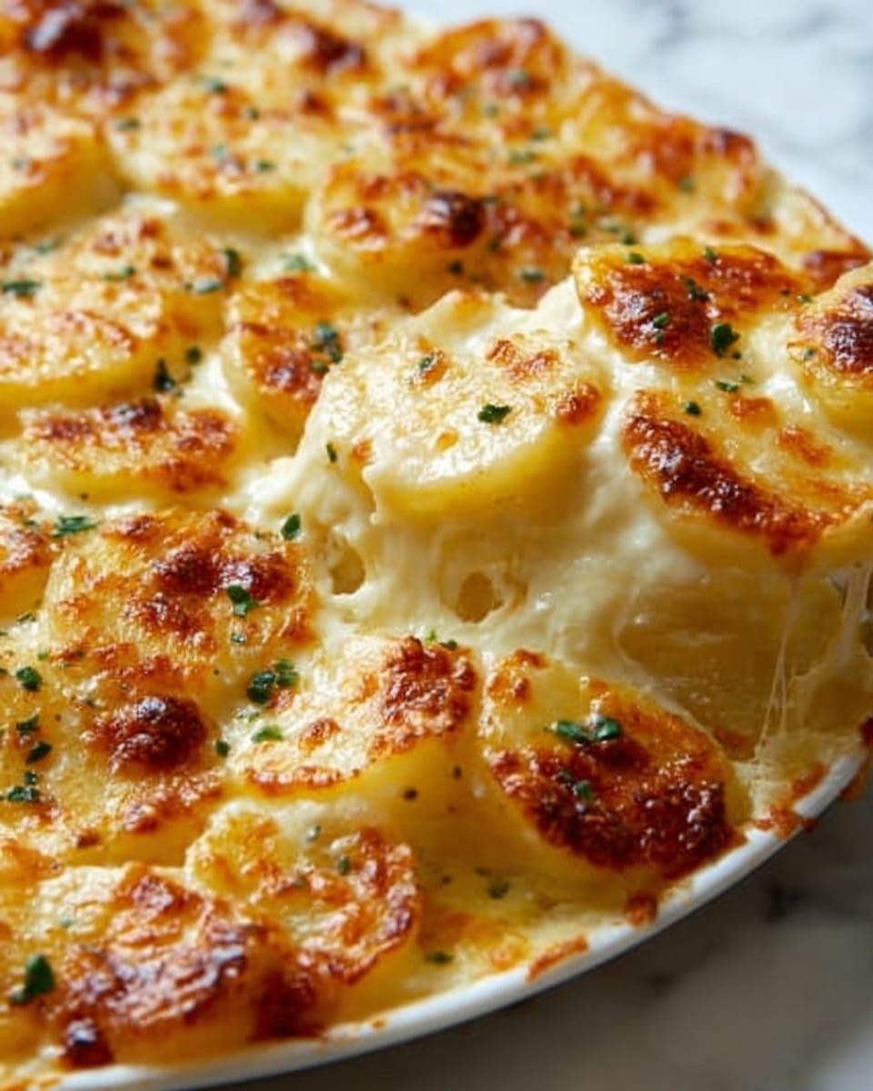The image shows a close-up of a cheesy baked dish with multiple round pieces layered evenly across the surface. Each round layer is golden brown and bubbly with melted cheese that has browned edges and a slightly crispy texture. There are small green herb bits sprinkled lightly on top, adding a touch of color contrast to the creamy, golden layers. The cheesy sauce looks creamy and rich, stretching slightly as a piece is lifted. The dish is set on a white plate with a white marbled background. photo taken with an iphone --ar 4:5 --v 7