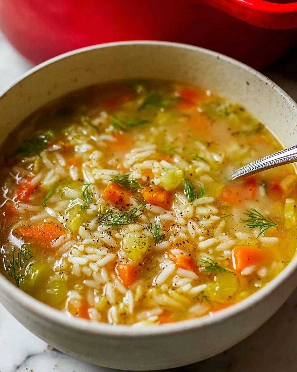 A silver ladle is filled with a clear broth soup containing three main layers: at the bottom, small white orzo pasta pieces; above it, light green celery and bright orange carrot slices; on top, scattered green dill herbs adding a fresh touch. The ladle is held over a large red pot filled with the same soup, sitting on a white marbled surface. The warm soup has a slightly oily sheen, making the ingredients look shiny and fresh. photo taken with an iphone --ar 4:5 --v 7