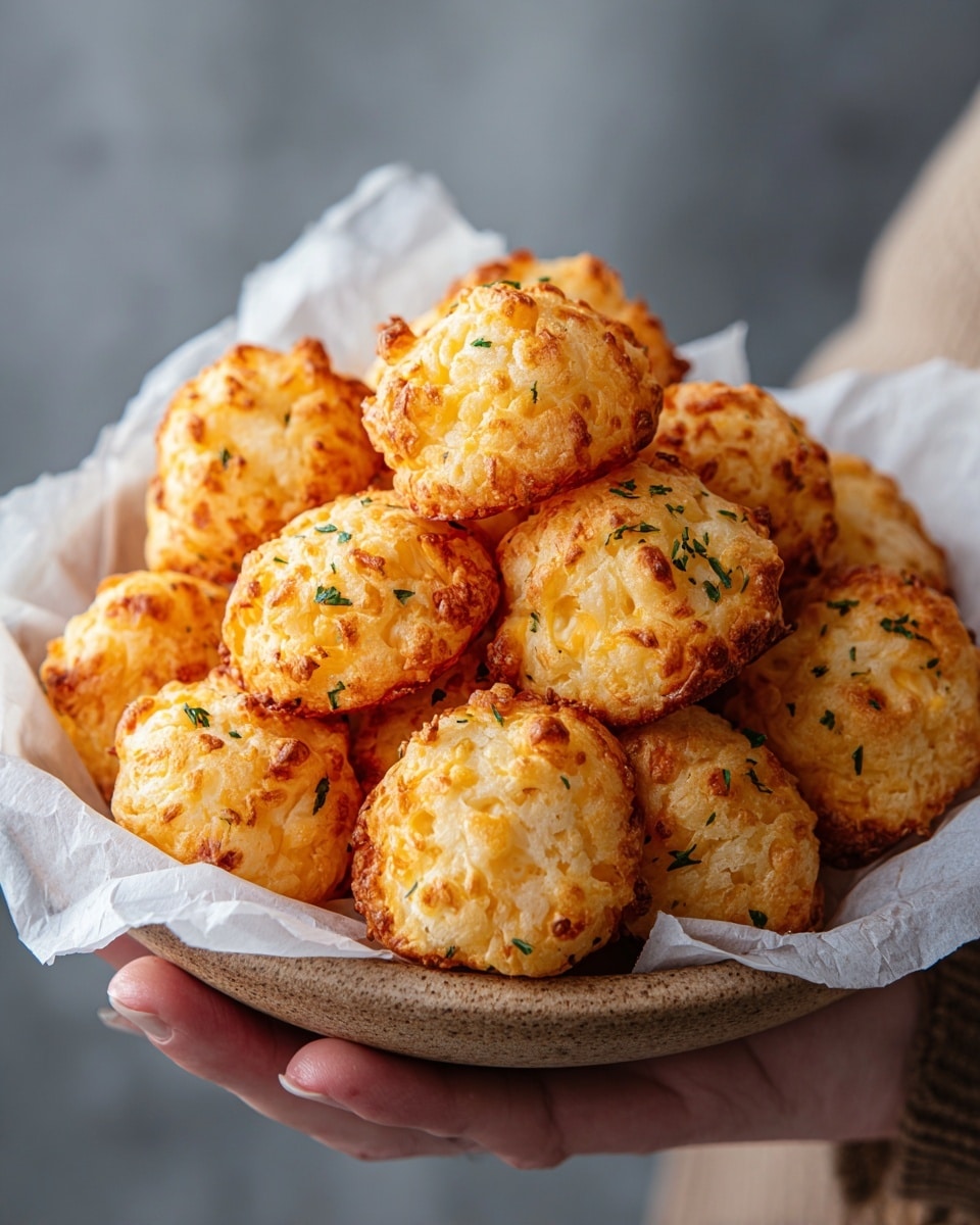 The image shows a round bowl filled with many golden-brown cheese puffs, each puff having a rough, crispy surface with small browned spots and light green herb flakes. The puffs stack in two main layers inside the bowl, which is lined with white parchment paper. The bowl is held by a woman's hand against a soft grey blurred background. photo taken with an iphone --ar 4:5 --v 7