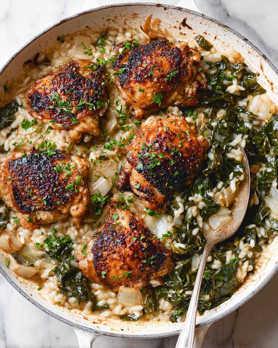 A white pan holds a dish with five browned, crispy chicken thighs arranged on top of a creamy, soft-textured bed of risotto mixed with wilted dark green leafy vegetables and small pieces of onions. The surface of the chicken is golden brown with some charred spots, sprinkled lightly with fresh green herbs. A silver spoon scoops some of the risotto and greens from the bottom right part of the pan. The whole scene is placed on a white marbled surface. photo taken with an iphone --ar 4:5 --v 7