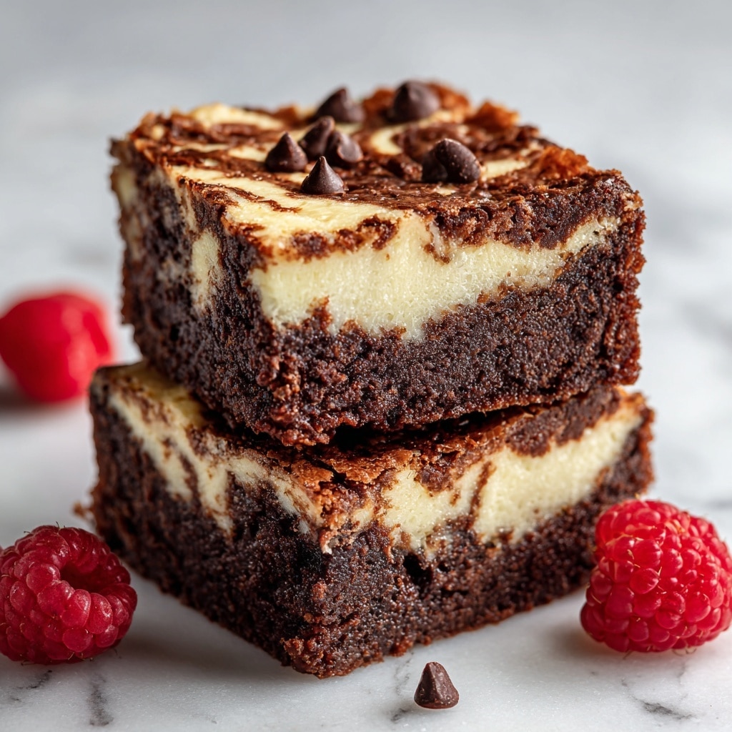 A close-up image of a square brownie piece with two distinct layers: the bottom layer is thick, dark brown, and dense, having a moist and crumbly texture, while the top layer is creamy white with smooth texture and dark brown swirls artistically spread throughout in a marbled pattern. The brownie piece is resting on white parchment paper on a white marbled surface. In the background, there are other similar brownie pieces slightly blurred, enhancing the focus on the front piece. photo taken with an iphone --ar 4:5 --v 7