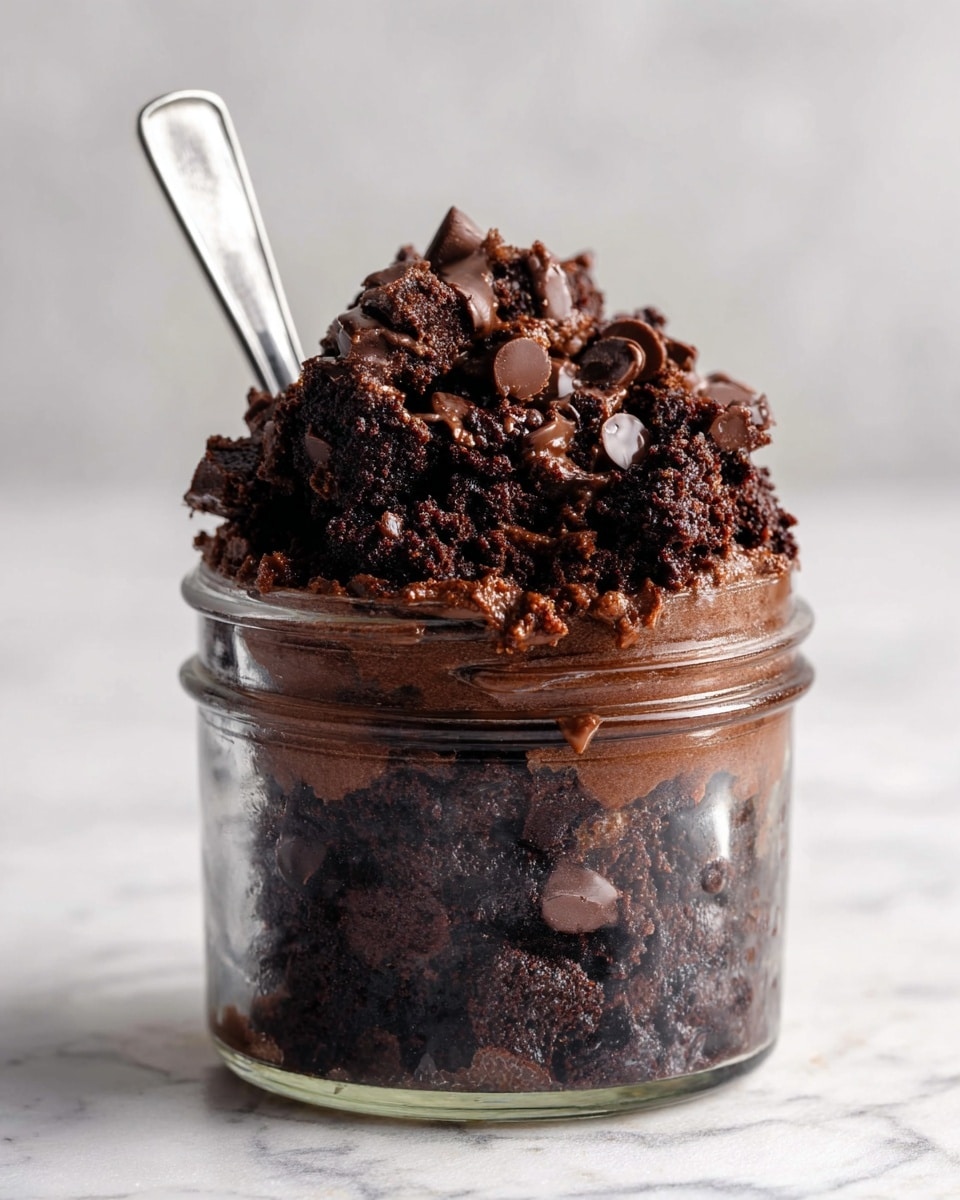 A small clear glass jar filled with a rich, dark chocolate mixture that looks thick and moist, topped with a chunky layer of dark chocolate brownie pieces mixed with chocolate chips and chunks. The top layer is uneven with dense, crumbly textures and shiny chocolate bits, overflowing slightly over the jar's rim. A silver spoon is inserted into the jar from behind, visible against a white marbled background. photo taken with an iphone --ar 4:5 --v 7