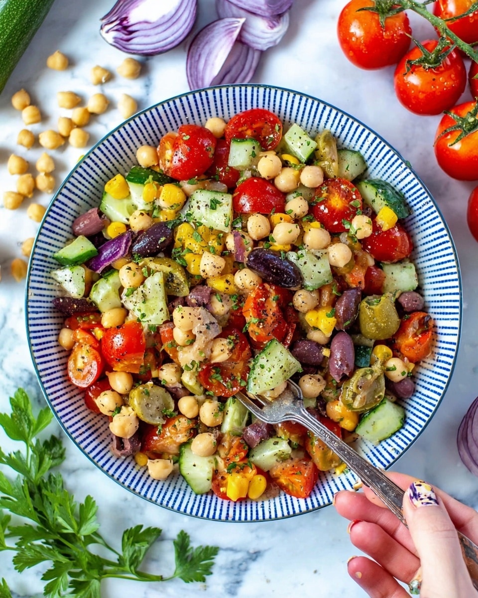 A white bowl with blue stripes holds a colorful salad with several layers mixed together: bright red tomato quarters, pale yellow chickpeas, yellow corn kernels, dark purple olives, and green cucumber chunks. The salad is sprinkled with green herbs and black pepper. On the right side, a woman's hand with nails painted light pink holds a fork gathering some salad. Around the bowl, there are fresh tomatoes on the vine, loose chickpeas, red onion, and green parsley leaves set on a white marbled surface. The whole scene looks fresh and vibrant. photo taken with an iphone --ar 4:5 --v 7
