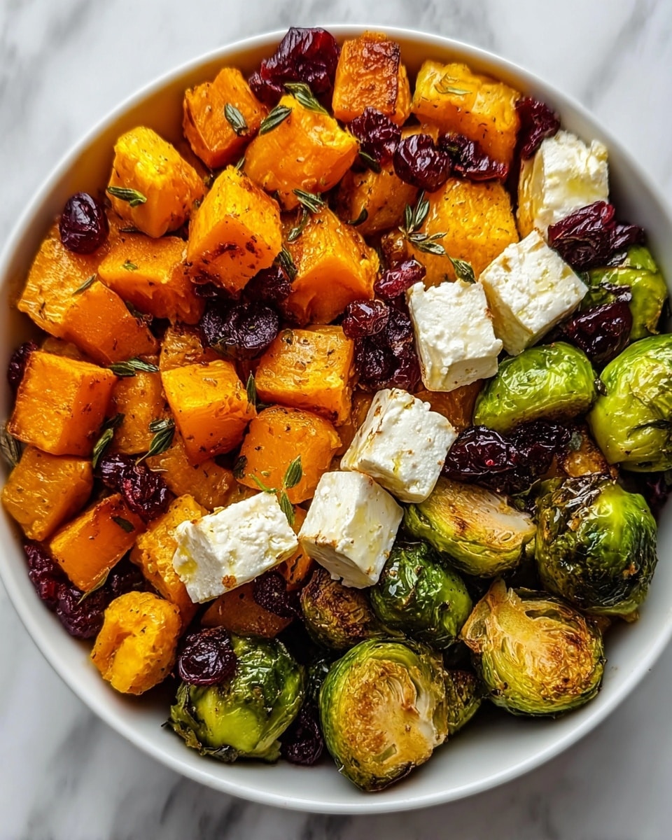 The image shows a dish with three main layers: the bottom layer is made of bright green roasted Brussels sprouts with a slight char; the middle layer holds golden-brown roasted butternut squash cubes with a soft texture and some char marks; the top layer consists of white, slightly browned cubes of feta cheese and scattered dark red dried cranberries, all placed together in a white bowl against a white marbled background. photo taken with an iphone --ar 4:5 --v 7