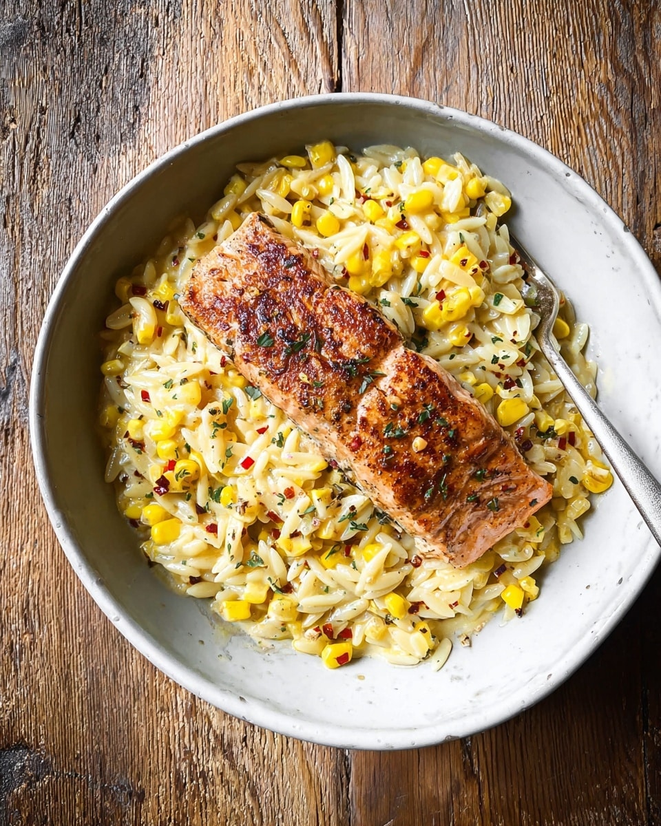A shallow white bowl is filled with creamy orzo pasta mixed with bright yellow corn kernels, creating a light yellow base layer speckled with black pepper and small red chili flakes. On top, a single piece of grilled salmon with a golden-brown crust and slight charring sits in the center, seasoned with herbs visible as small green flecks. A silver fork rests inside the bowl on the right side, slightly under the salmon. The bowl is placed on a rustic wooden table, photo taken with an iphone --ar 4:5 --v 7