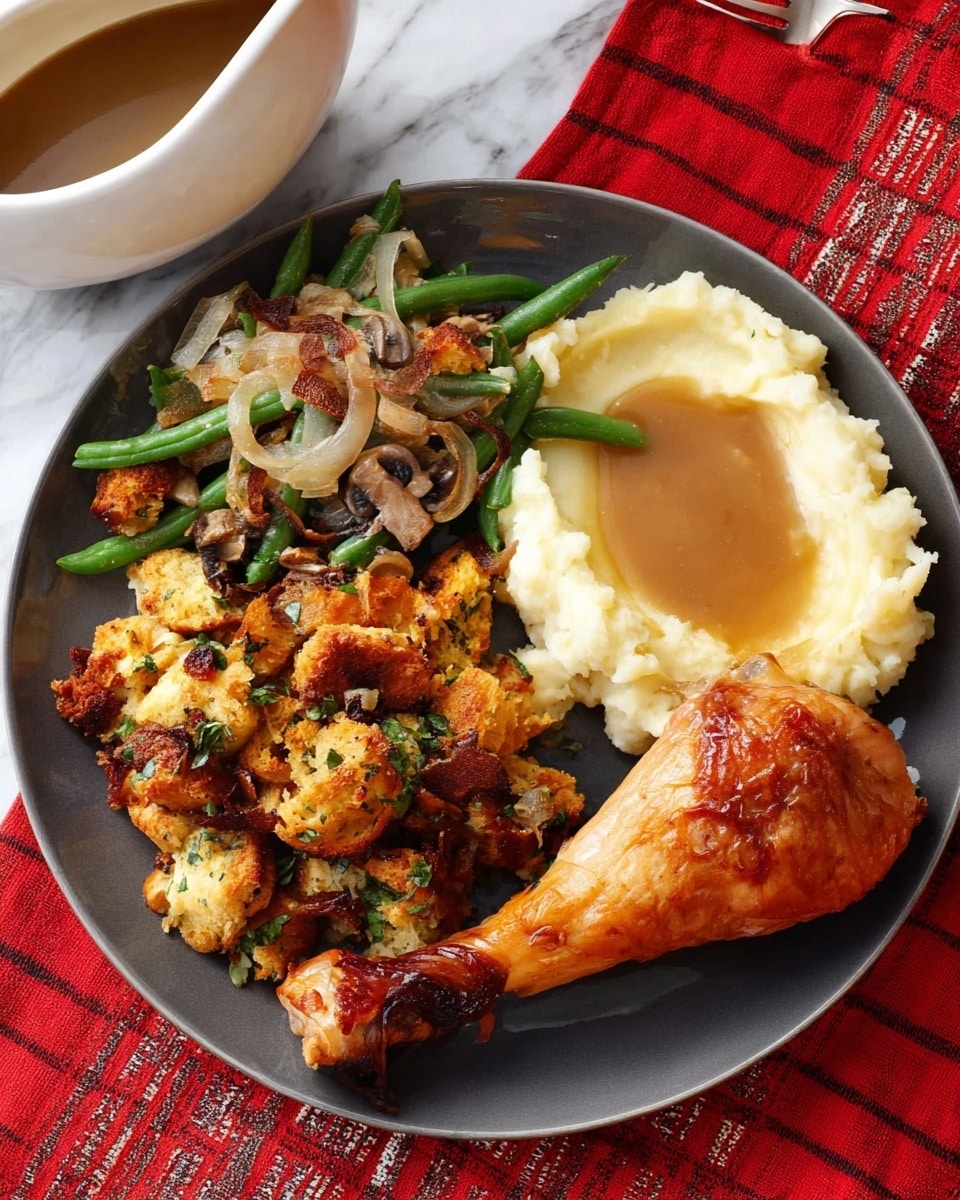 A dark gray plate holds a full meal with four main layers: a large, golden-brown roasted turkey leg placed near the center, creamy mashed potatoes on the right side with a pool of light brown gravy in the middle, a heap of golden toasted stuffing with browned mushrooms and herbs at the bottom left, and a portion of green beans mixed with crispy fried onions and creamy sauce at the top left. In the background on a white marbled surface, there is a white gravy boat with more brown gravy, and a red cloth with a checkered pattern is partially visible. Photo taken with an iphone --ar 4:5 --v 7
