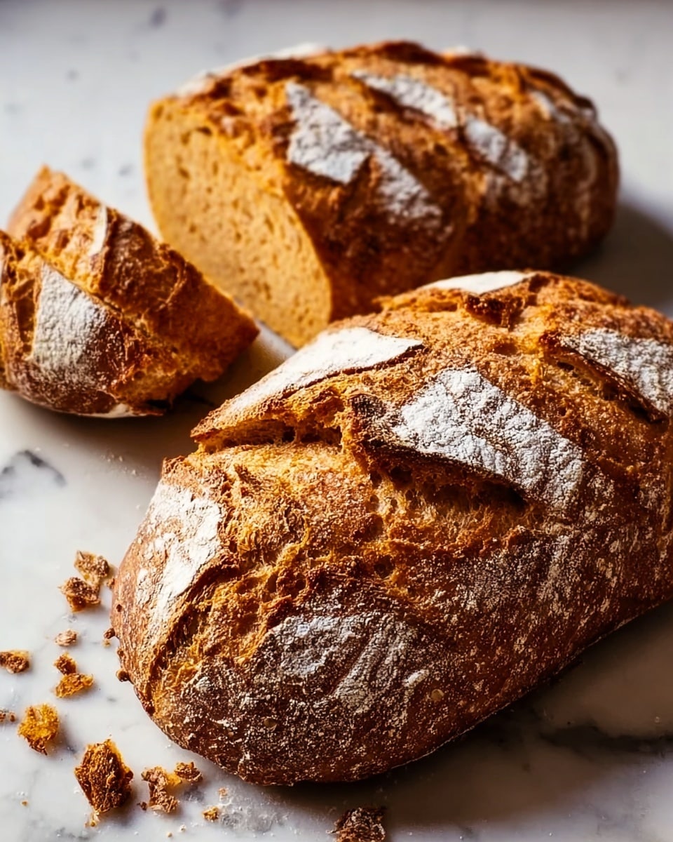 Two loaves of crusty rustic bread rest on a white marbled surface, each loaf showing a rich golden-brown color with deep, rough texture and irregular cracks on the crust. The top of the bread has light dustings of white flour, highlighting their artisanal baked look. The front loaf is sliced in the middle, revealing a soft, slightly orange-tinted crumb inside with a fluffy texture. Crumbs are scattered lightly around the loaves, adding to the freshly baked feel. photo taken with an iphone --ar 4:5 --v 7