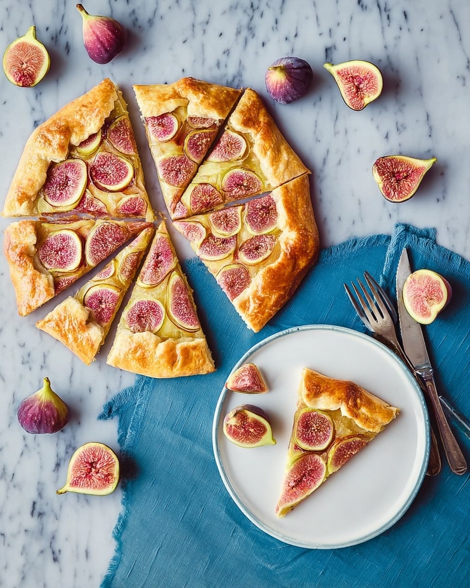 A round galette with a golden, flaky crust folded over a layer of thinly sliced figs that cover the center, creating a pattern of pink and light yellow circles. The galette is cut into six slices, with one slice served on a white plate placed on a blue cloth napkin. The plate holds a small half fig next to the slice. Three silver forks lie next to the plate. The background is a white marbled surface with whole and halved fresh figs scattered around. Photo taken with an iphone --ar 4:5 --v 7