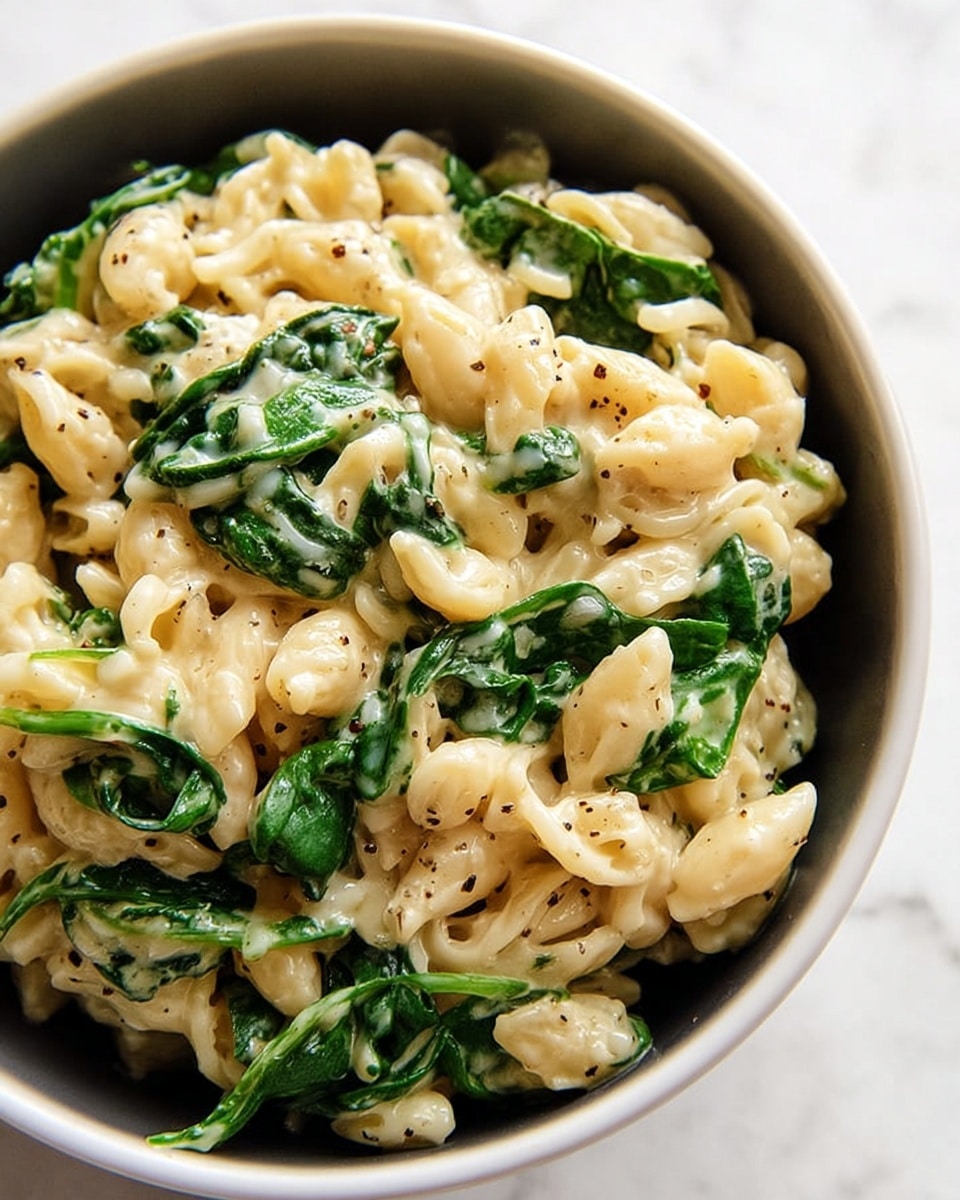 The image shows a close-up of a creamy spinach orzo dish in a white pan on a white marbled surface. The orzo pasta is cooked and mixed with chopped green spinach, creating a mix of off-white and green colors. The texture looks smooth and creamy with some loose, soft pasta grains visible. A wooden spoon is placed in the pan, partially covered with the creamy orzo, stirring the layers of pasta and spinach. Photo taken with an iphone --ar 4:5 --v 7