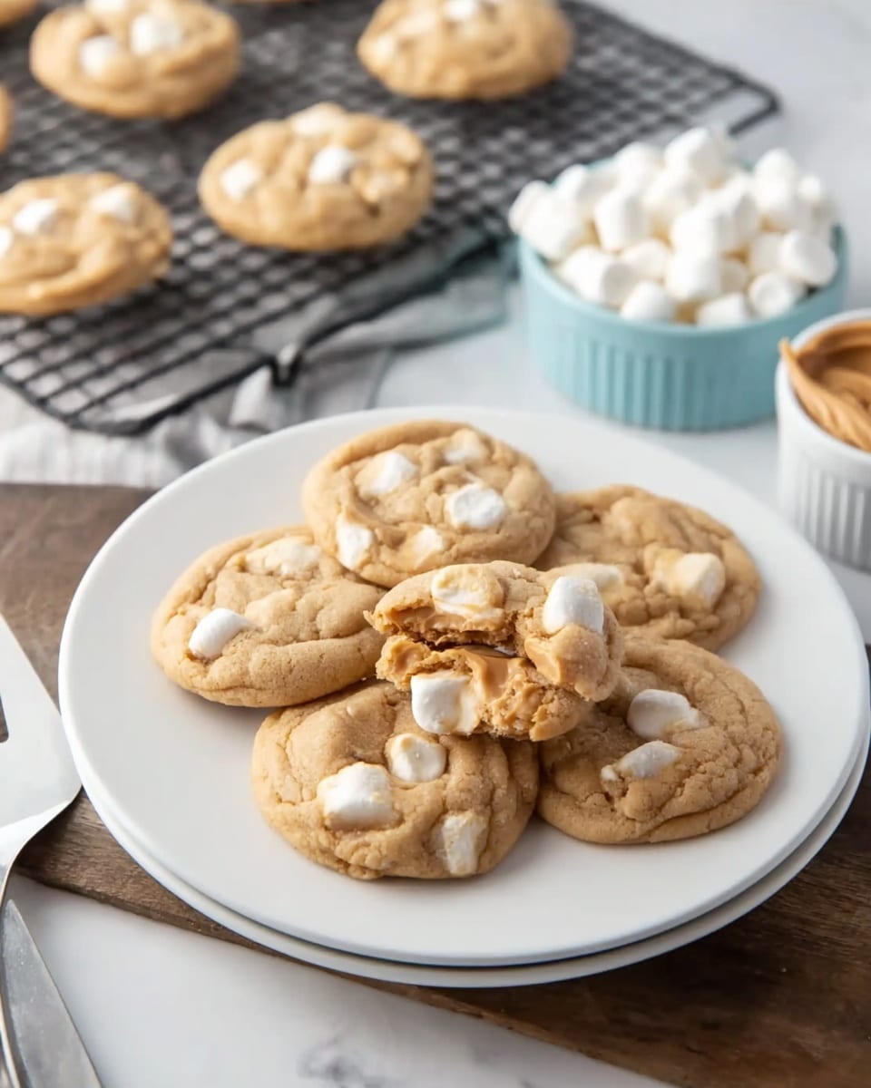 A white plate holds seven soft, round cookies with a light golden brown color and visible chunks of white marshmallows melted into the dough. The cookies have a slightly cracked texture and are laid out close together, with more cookies cooling on a black wire rack in the background. To the right side, a small white cup with smooth peanut butter and a light blue bowl filled with mini marshmallows sit on a dark wooden table, all against a white marbled texture surface. A silver spatula with a white handle lies nearby, partially out of frame. photo taken with an iphone --ar 4:5 --v 7