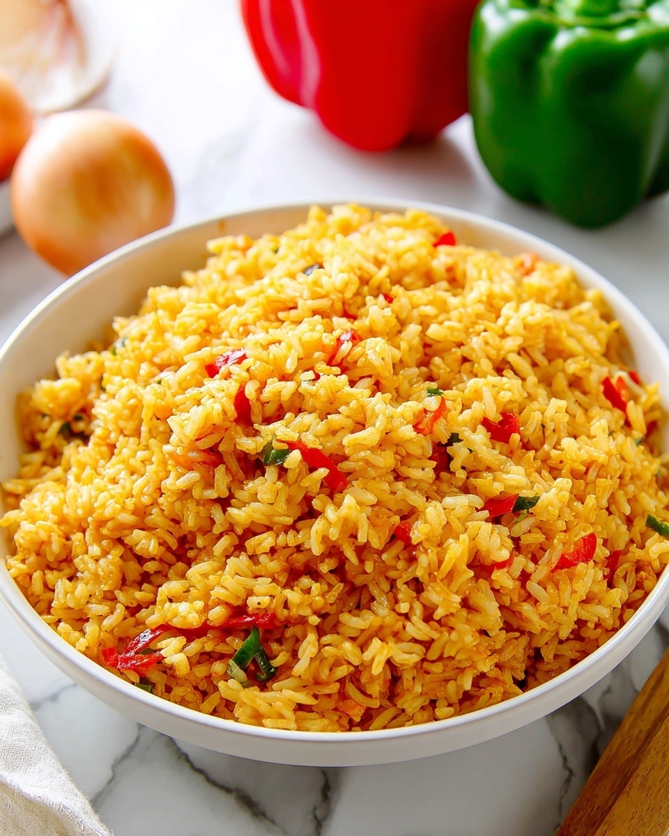 A large white bowl is filled with a single layer of cooked rice that is yellow-orange in color, showing small bits of red and green peppers mixed evenly throughout. The rice looks fluffy with a slightly oily texture and small visible grains. The bowl sits on a white marbled surface, with a red bell pepper, green bell pepper, and an onion blurred in the background. photo taken with an iphone --ar 4:5 --v 7