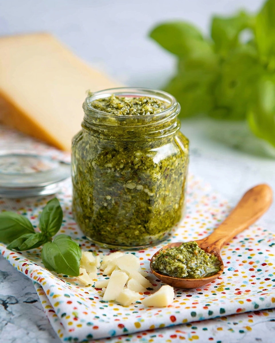 A small glass jar filled with green pesto sauce is shown, the pesto has a chunky texture with visible herbs and oil just above the jar's rim; the jar sits on a white cloth with colorful dotted patterns that lies on a white marbled surface. In front of the jar, on the cloth, there is a wooden spoon holding some pesto, and next to the spoon are scattered small beige chunks of cheese. Fresh green basil leaves and a large block of cheese are placed slightly blurred in the background. photo taken with an iphone --ar 4:5 --v 7