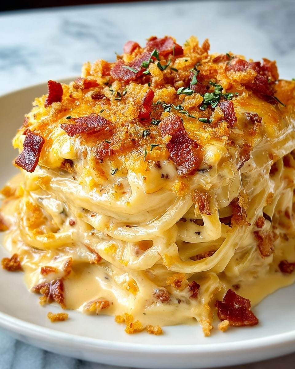 The image shows a close-up of a creamy, cheesy pasta bake with three thick layers. The bottom layer is pasta coated in a light yellow creamy sauce with visible bits of chicken or bacon. The middle layer is gooey melted cheese that stretches between the layers, blending with the sauce and pasta. The top layer is bright golden melted cheese, sprinkled with small crispy reddish-brown bacon bits and garnished with small green herbs. The dish is served on a white square plate, placed on a white marbled surface. photo taken with an iphone --ar 4:5 --v 7