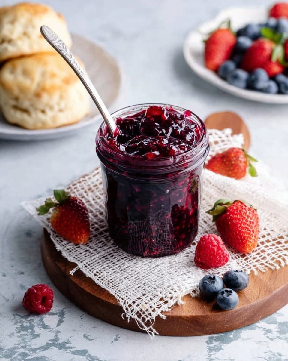 A clear glass jar filled with deep red and purple berry jam with chunks of fruit sits at the center on a piece of white loosely woven fabric, all placed on a wooden board. A silver spoon rests inside the jar, partly covered with the jam. Around the jar on the board are fresh berries including red strawberries with green tops, blue blueberries, and red raspberries. In the background, there is a white plate with two light brown scones on a white marbled surface. The overall scene is bright and colorful, showing a homemade, fresh feel. Photo taken with an iphone --ar 4:5 --v 7
