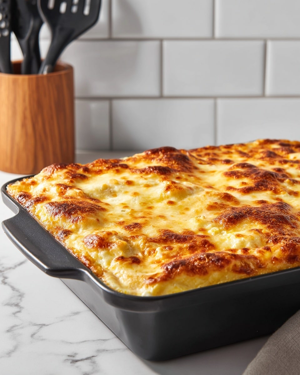 A close-up of a black baking dish filled with three layers of cheesy macaroni and cheese: the bottom layer is creamy pale yellow macaroni pasta, the middle layer is thick melted cheese sauce, and the top layer is golden brown baked cheese with small green herb sprinkles. A metal spoon lifts a large scoop from the dish, showing gooey stretched cheese strings from the scoop back to the dish. The scene has a white tiled wall in the background and a white marbled countertop. A woman's hand holds the spoon. Photo taken with an iphone --ar 4:5 --v 7